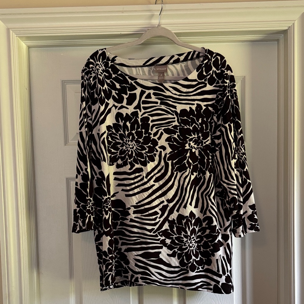 Chico's Black and White Floral Zebra Blouse